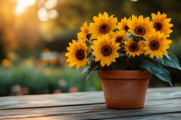 Bright sunflowers in a terracotta pot basking in the golden evening sunlight in a lush garden setting