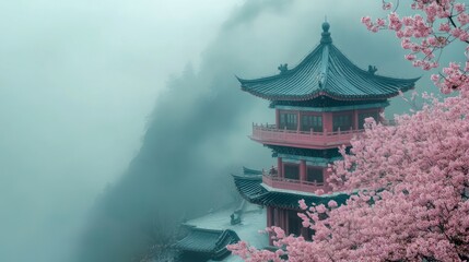 Fototapeta premium Serene Chinese Pagoda Amidst Misty Mountains and Delicate Cherry Blossoms