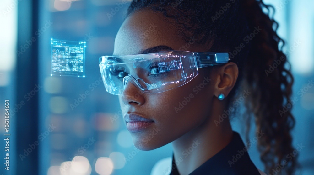 Poster female cybersecurity analyst utilizes augmented reality for data protection overview