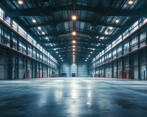 A large, empty warehouse with a lot of light shining on the floor