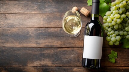 Enjoying a bottle of white wine alongside fresh green grapes on a wooden table creates a relaxing atmosphere for casual gatherings