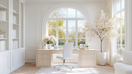 Serene Home Office: A sunlit workstation with built-in shelves and flowering tree