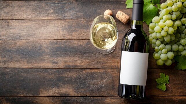 Enjoying a bottle of white wine alongside fresh green grapes on a wooden table creates a relaxing atmosphere for casual gatherings