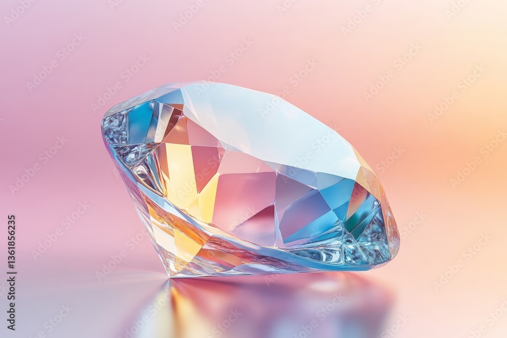 Poster sparkling clear diamond resting on a soft gradient background reflecting colors of light at sunrise