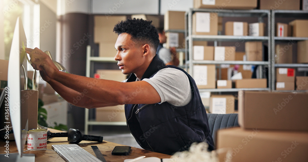 Poster logistics, warehouse and man with computer, plan and checking schedule on sticky notes or small busi