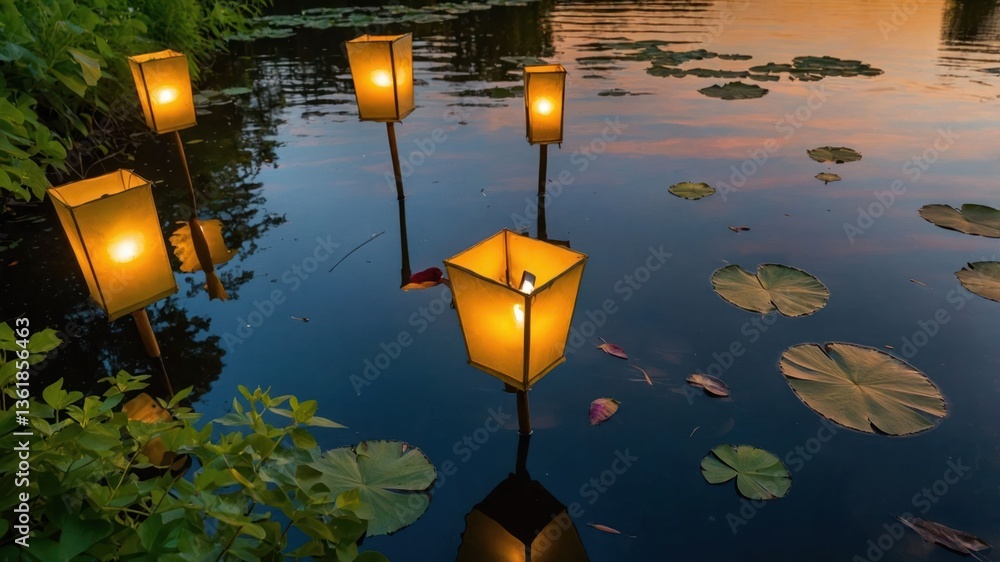 Poster tranquil scene with illuminated lanterns floating on water, surrounded by lily pads at sunset.
