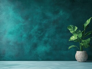 Teal textured wall with plant, minimalist aesthetic