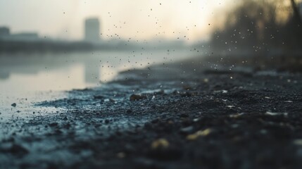 A close-up of a polluted riverbank with visible PM 2.5 particles floating in the air and dust settling on the ground.