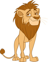 Obraz premium A cheerful, cartoon style lion with a fluffy brown mane stands on all fours against a black background, looking upwards thoughtfully.