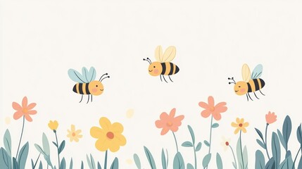 Cute cartoon bees flying among flowers
