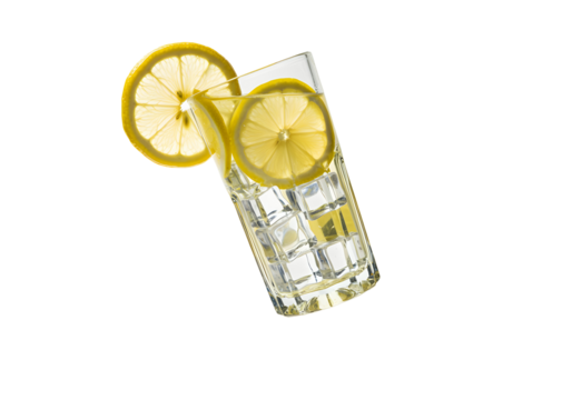 A classic lemonade glass floating in mid-air against a solid white background, with lemon slices and ice cubes inside.