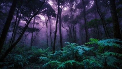 Fototapeta premium A mystical forest scene shrouded in purple mist, showcasing lush greenery and towering trees.