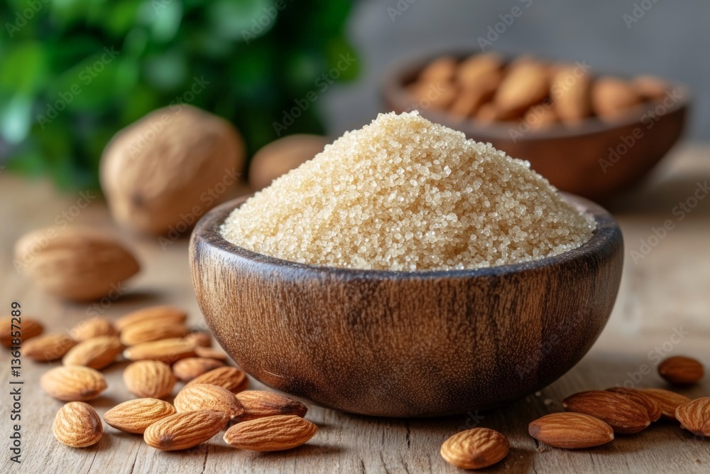 Aufkleber freshly ground almonds and brown sugar in wooden bowl on rustic table with green leaves in backgroun