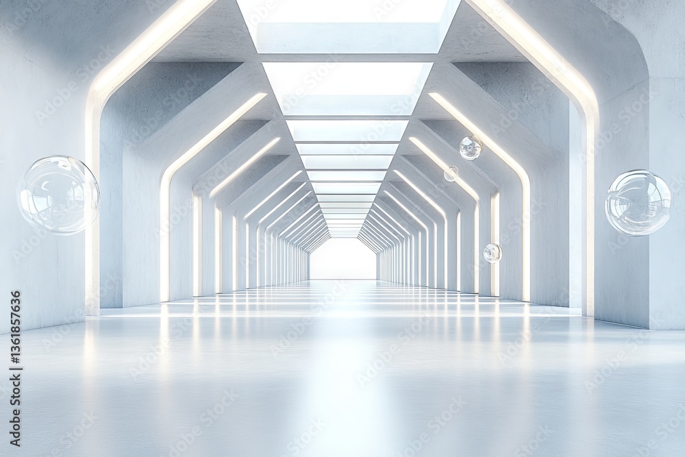 Poster modern interior corridor with reflective surfaces and floating spheres in a bright, spacious environ