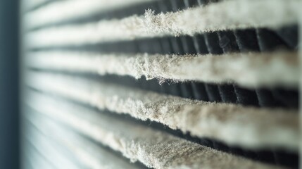 A close-up of a dust-covered air conditioner filter, showing the accumulation of PM 2.5 particles.