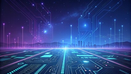 Futuristic technology background, circuit board patterns, glowing blue and purple gradient, digital landscape, abstract geometric shapes.