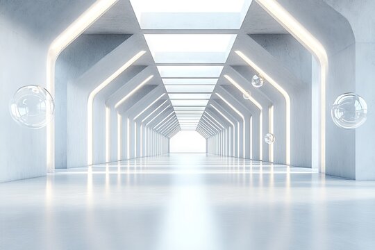 Modern interior corridor with reflective surfaces and floating spheres in a bright, spacious environment