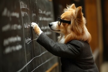 Smart dog teaches classroom lesson in a suit with glasses at a chalkboard in a fun school setting