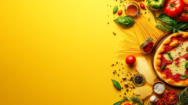 Flat lay of pizza ingredients and pizza on a yellow background with copy space for text here