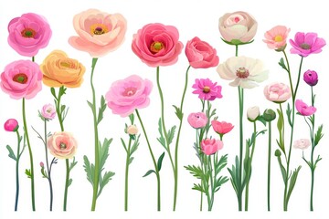 Fototapeta premium Colorful blooms of ranunculus flowers in various shades displaying their beauty in a sunny garden setting
