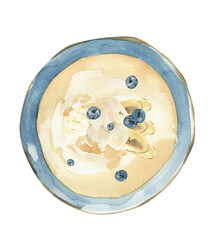 Watercolor Oatmeal Porridge with Banana and Blueberries on Transparent Background, Healthy Breakfast Art