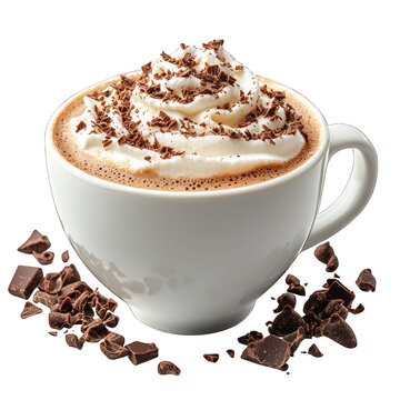 A cup of rich hot chocolate topped with whipped cream and sprinkled with chocolate shavings, isolated on a white background.