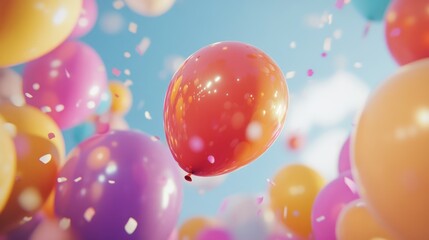 Colorful balloons floating in confetti, celebration in the sky, party background
