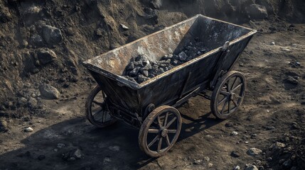Sturdy industrial cart used for transporting materials in mining environments featuring durable metal construction with detailed textures.