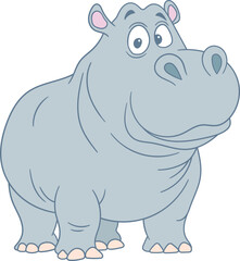 Cartoon hippo isolated on a black background. Illustration of a smiling gray hippopotamus standing, looking towards the side.