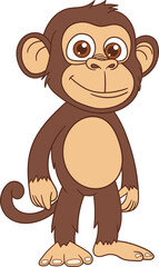 Cartoon monkey standing upright, with a tan face and belly, brown fur, and a happy expression on a black background.