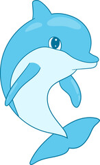 Cheerful cartoon dolphin with light blue skin, a curved smile, and big sparkling eyes swimming in a vast and tranquil ocean backdrop.