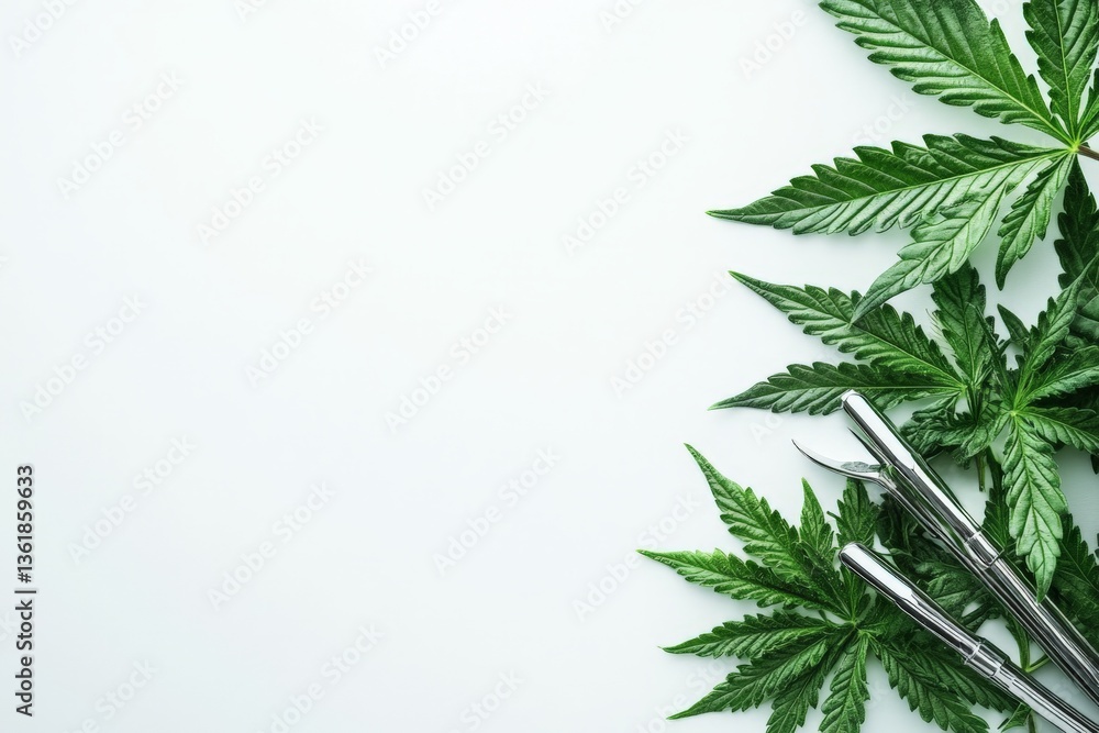 Poster fresh cannabis leaves and a fountain pen arranged on a clean background in a minimalistic setting
