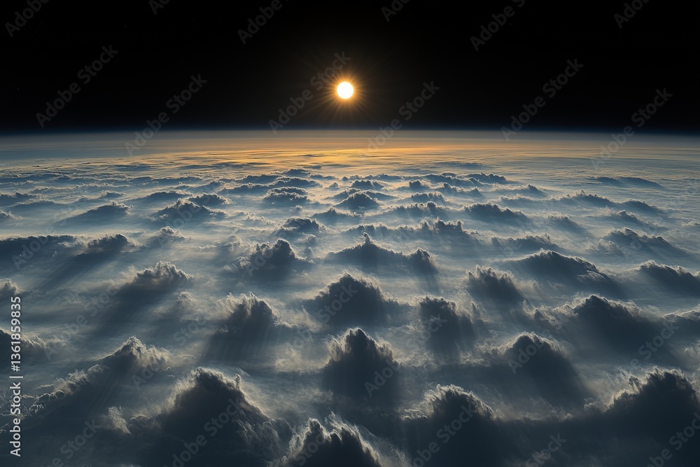 Poster Dramatic view of the sun rising above a layer of clouds from the edge of space