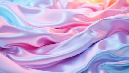 Fototapeta premium Soft and silky pastel-colored fabric with gentle folds and waves, creating a dreamy and ethereal texture. The material shimmers with hues of pink, lavender, blue, and peach.