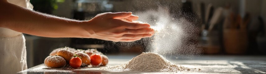 Fototapeta premium A person expertly sprinkling flour onto a wooden table for preparation of baking goods