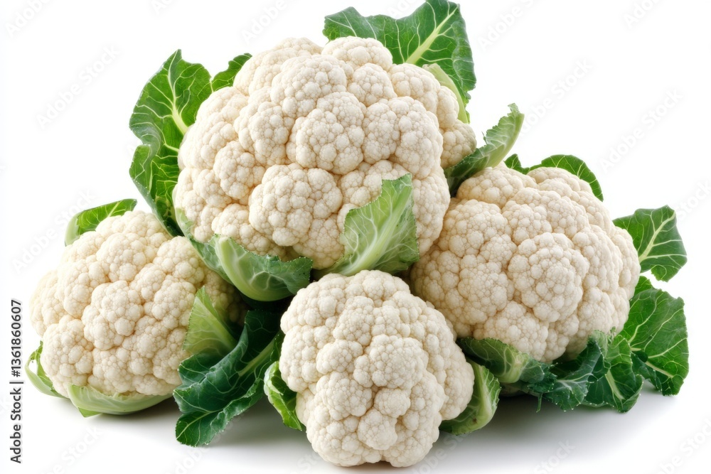 Poster fresh cauliflowers arranged with green leaves on a white background highlighting their texture and s
