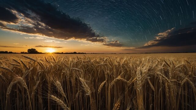 A serene sunset over a golden wheat field, with star trails illuminating the night sky. - Powered by Adobe