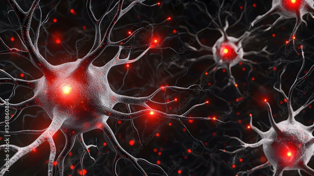 Poster the image shows a microscopic view of neurons, nerve cells, with glowing red synapses, illustrating 