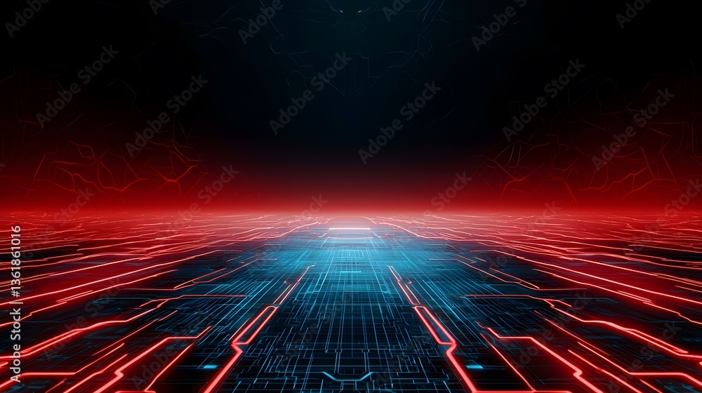Poster the image shows a futuristic, abstract landscape composed of a complex network of glowing red and bl