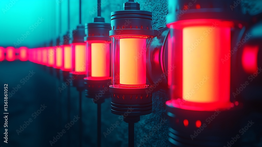 Poster a series of illuminated red lamps lined up against a dark wall, creating an atmospheric and vibrant 