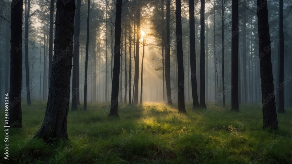 Poster a serene forest scene with sunlight piercing through misty trees, creating a mystical atmosphere.
