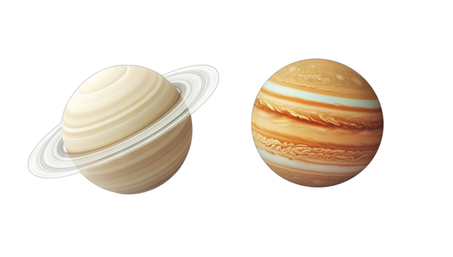 two stylized representations of planets saturn with its iconic r