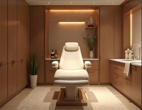 Modern spa interior features medical treatment chair in luxurious room with wooden cabinetry, soft lighting. Aesthetic calming minimalist design for skincare, beauty treatments, wellness, healthcare.