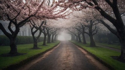 Obraz premium A serene path lined with cherry blossom trees, shrouded in fog, creating a tranquil atmosphere.