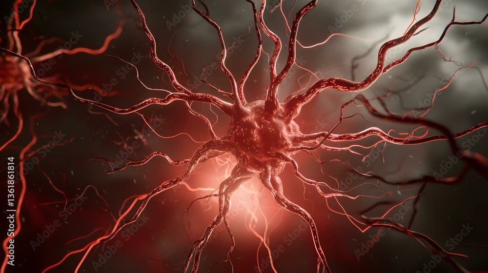 Poster the image shows a detailed 3d rendering of a neuron, a nerve cell, with its numerous dendrites exten