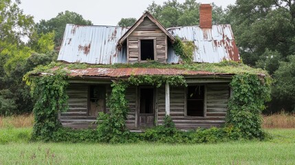 Abandoned farmhouse overgrown with vines in a rural setting, showcasing nature's reclaim