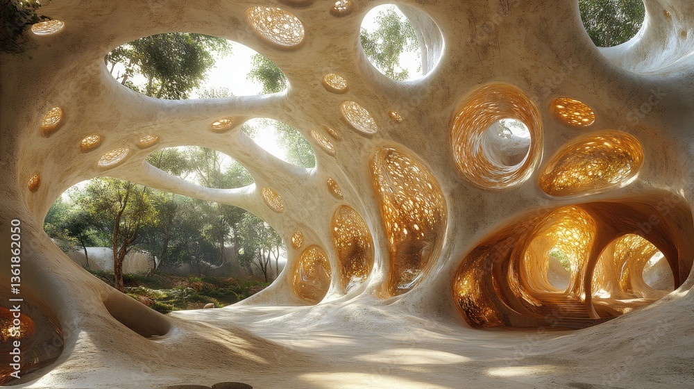 Poster a surreal architectural interior with organically shaped structures and openings
