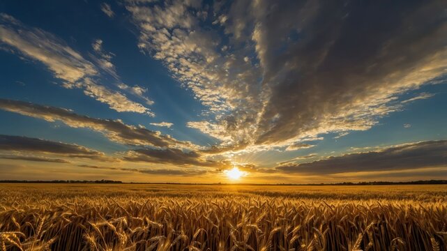 A golden wheat field under a dramatic sunset sky with clouds.