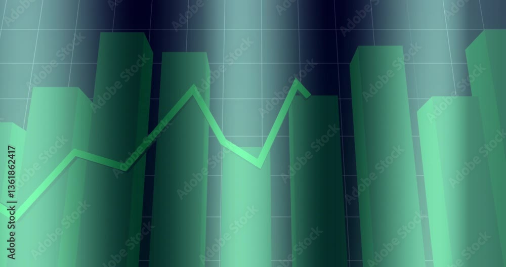 Poster animation of green bar graph with fluctuating line chart on grid background