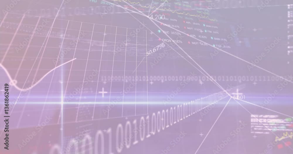 Poster Binary code and financial graphs overlaying digital data processing animation